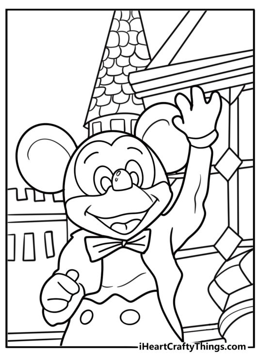 Mickey Mouse waving at Disneyland fun coloring sheet
