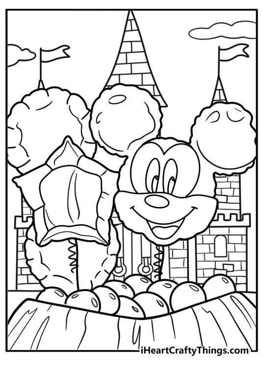 Mickey-shaped balloons floating at Disneyland coloring page