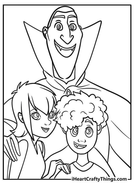 Monster family portrait with dracula mavis and dennis printable coloring page