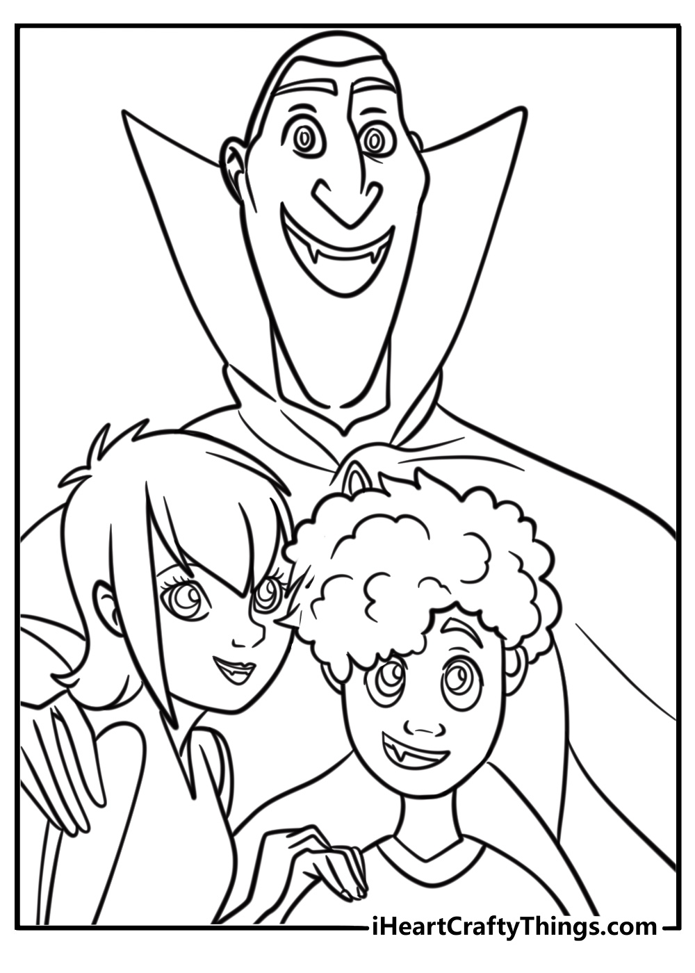 Monster family portrait with dracula mavis and dennis printable coloring page