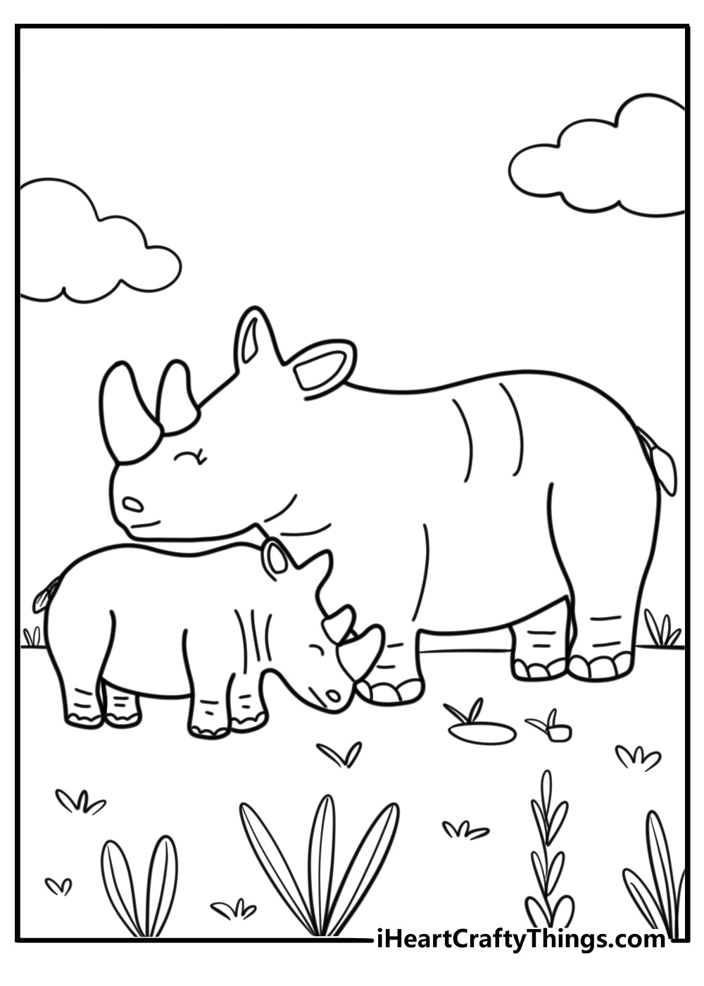 Mother rhino and baby calf together printable coloring page