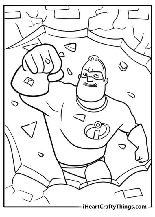 Mr incredible breaking through a wall detailed coloring sheet