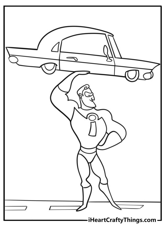 Mr incredible lifting a car free printable coloring page