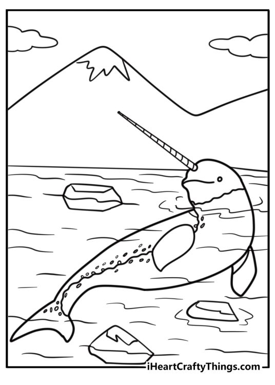Narwhal swimming in icy waters coloring page