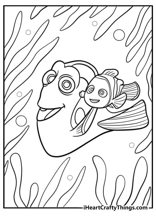 Nemo and Dory in the kelp forest free printable coloring page