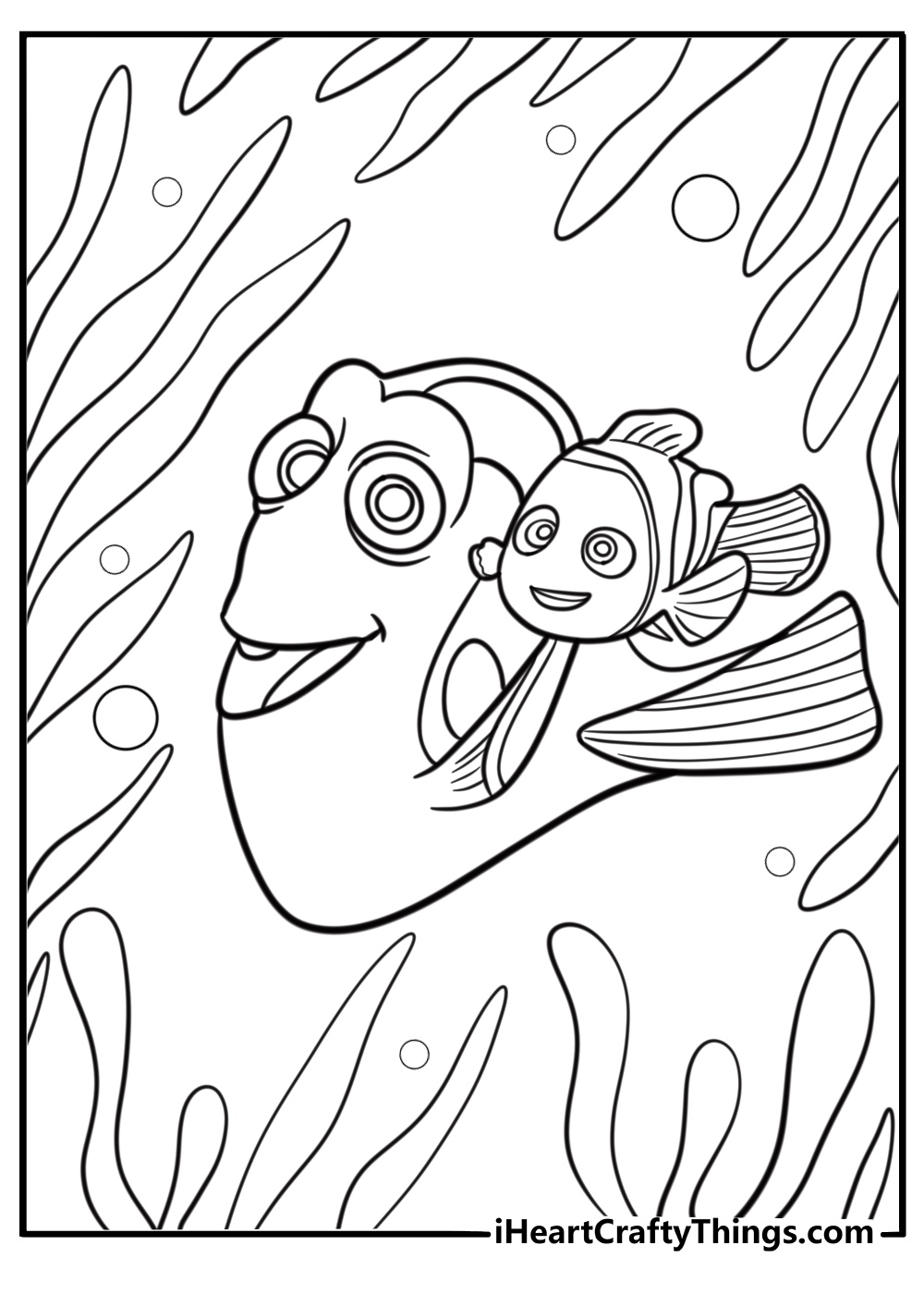 Nemo and Dory in the kelp forest free printable coloring page