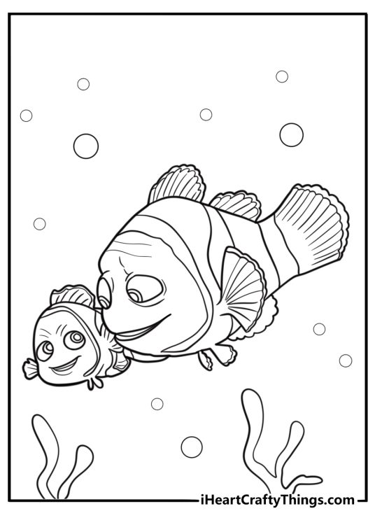 Nemo and Marlin swimming together coloring page for kids