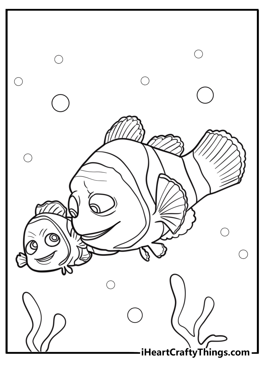 Nemo and Marlin swimming together coloring page for kids