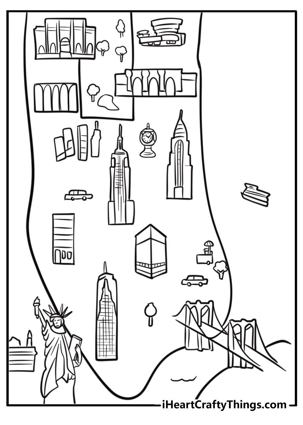 New york city map with landmarks detailed coloring sheet