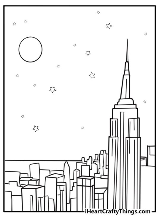New york skyline at night with stars printable coloring page