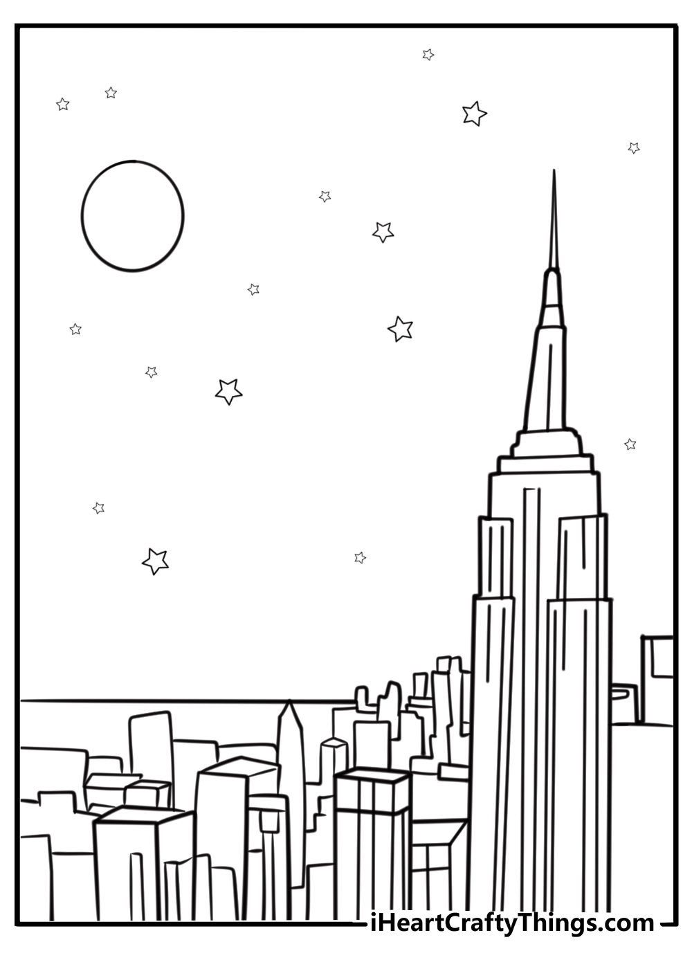 New york skyline at night with stars printable coloring page