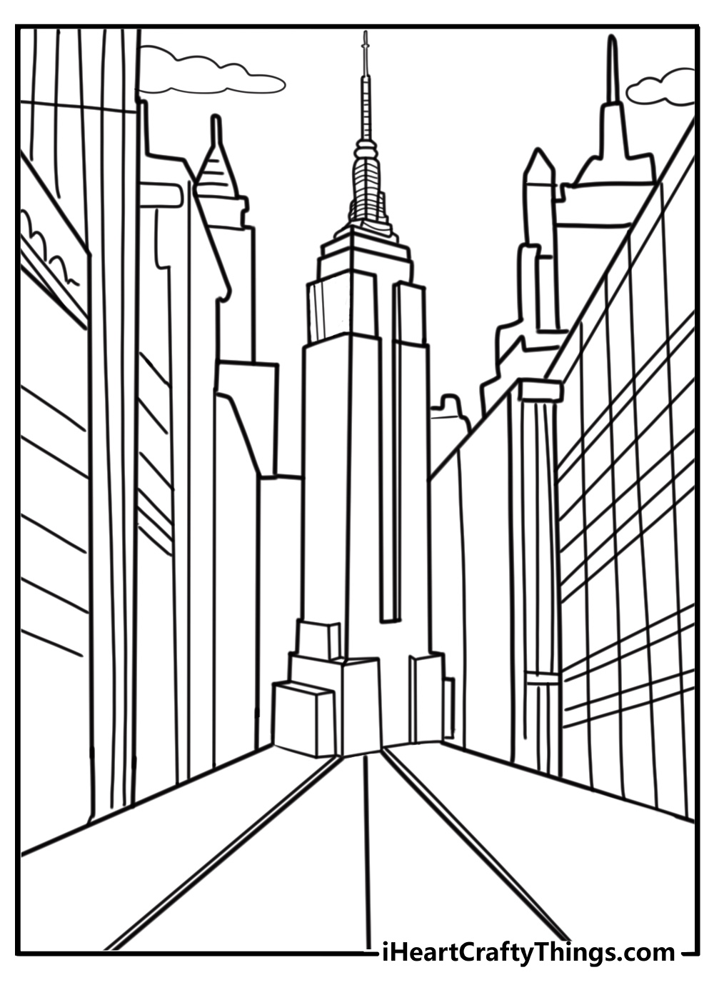 New York street scene with tall buildings fun coloring sheet