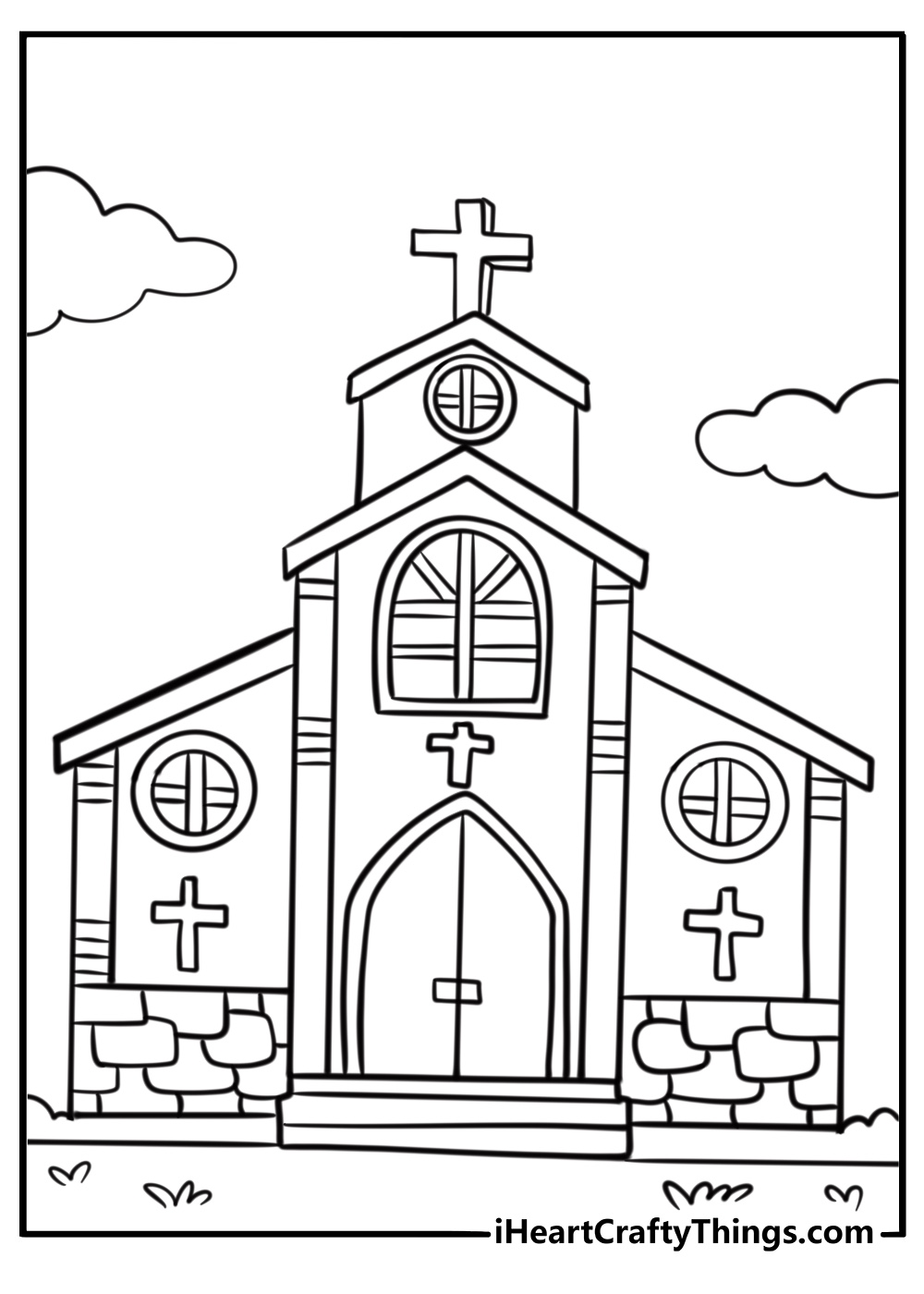 Old stone church with a tall steeple detailed coloring sheet