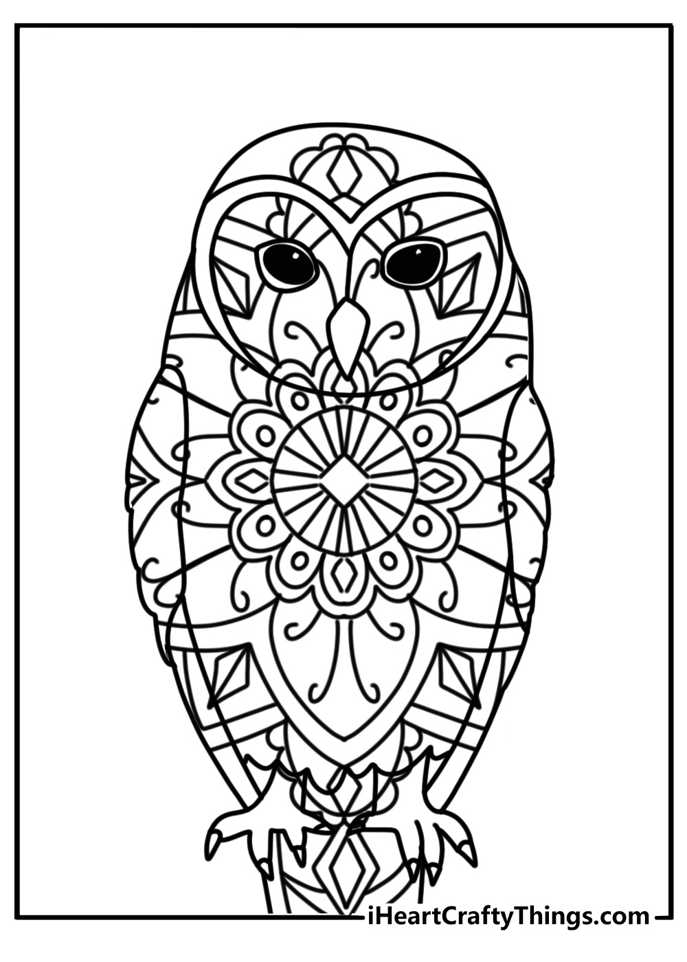 Owl mandala with decorative feathers fun printable coloring sheet