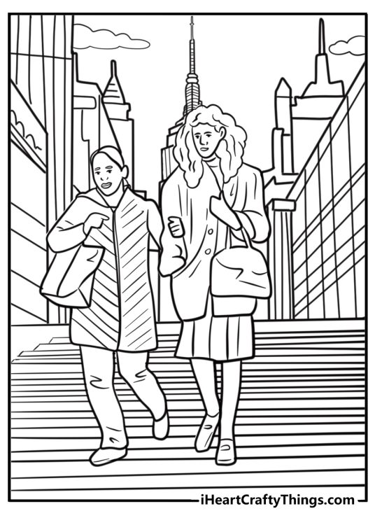 Pedestrians crossing a busy new york street free coloring page pdf