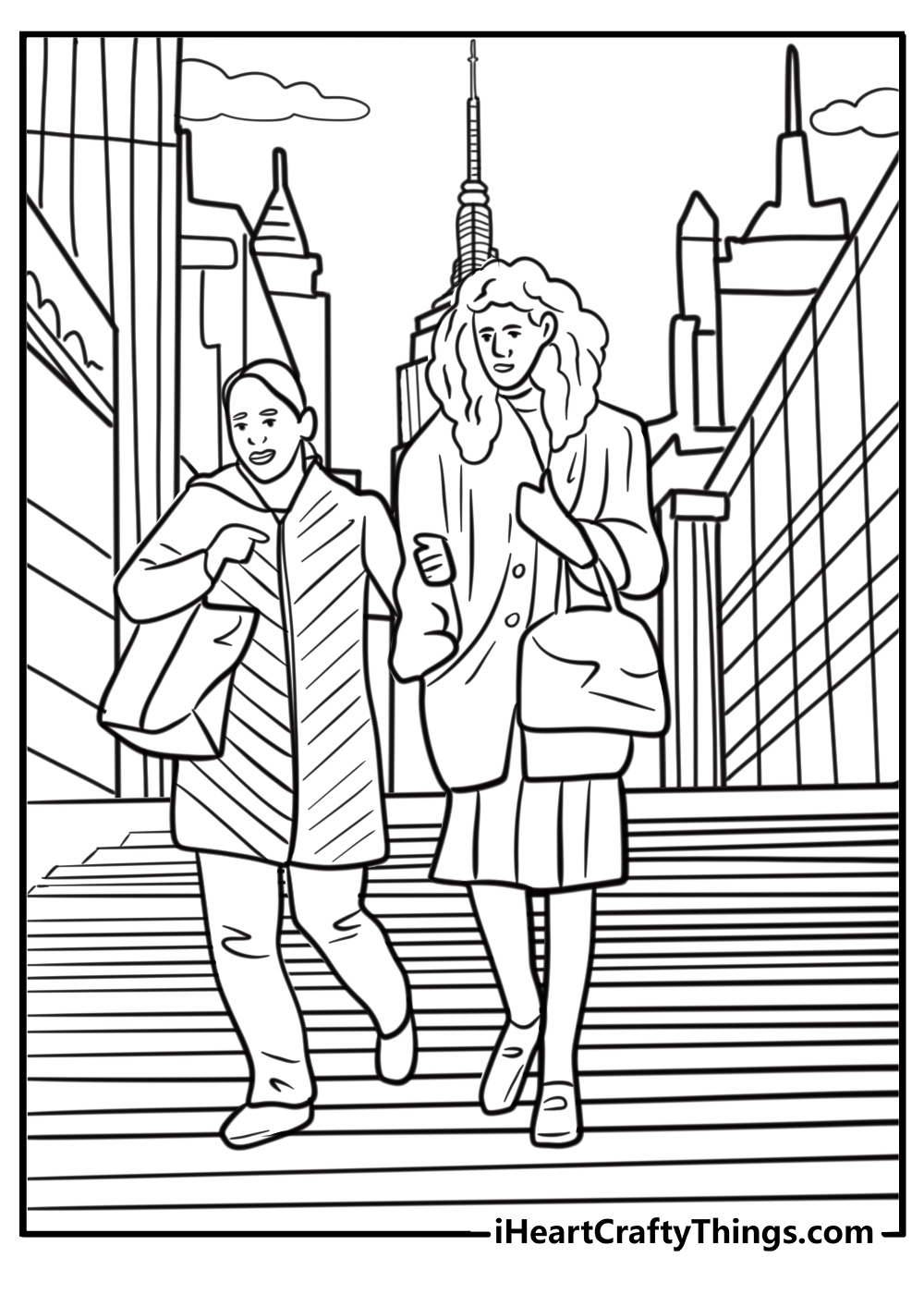 Pedestrians crossing a busy new york street free coloring page pdf