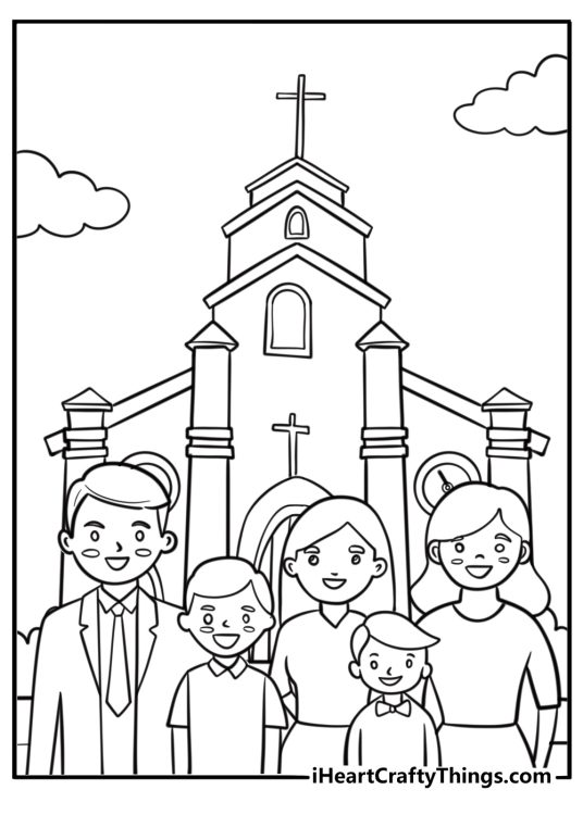 People gathered outside a church fun coloring sheet
