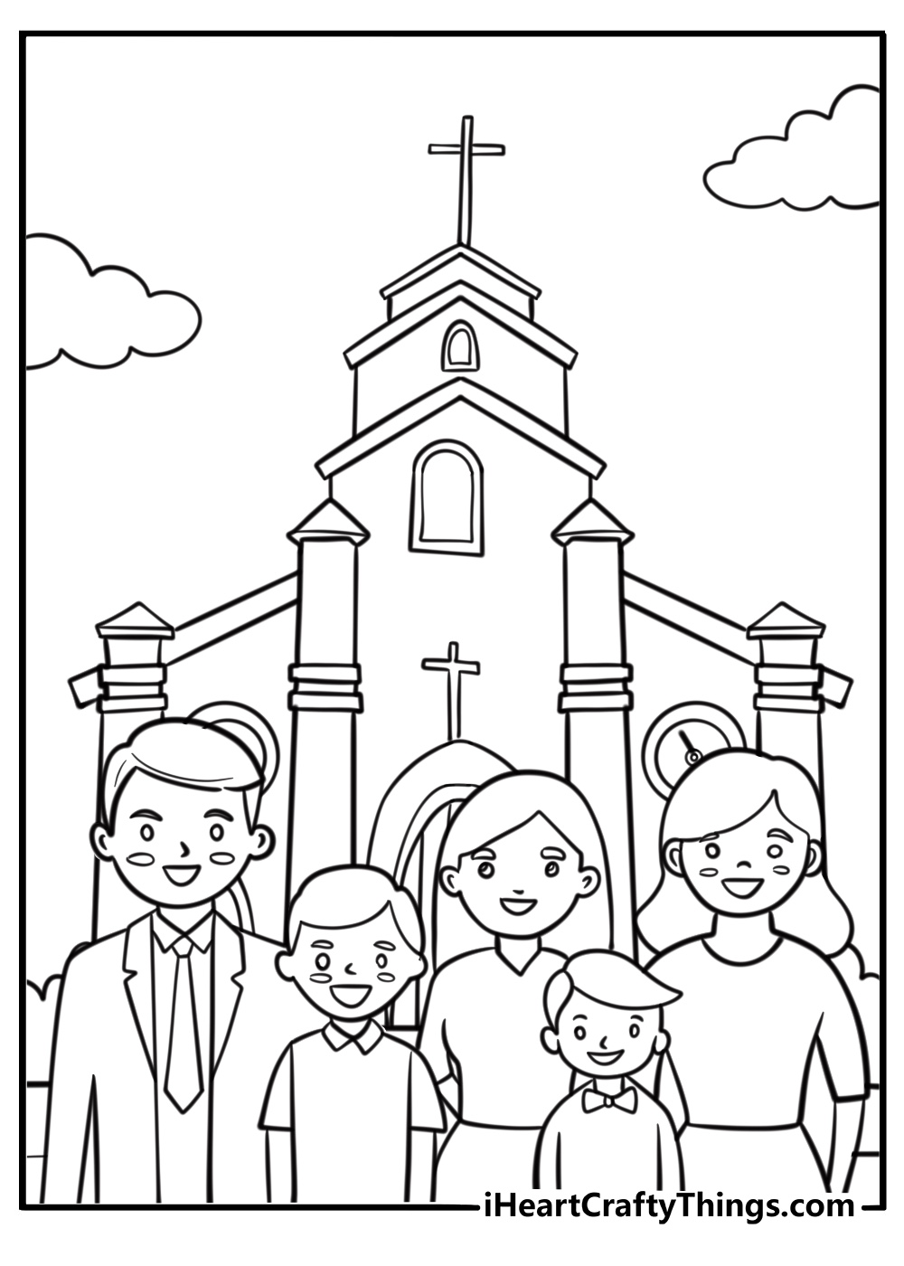 People gathered outside a church fun coloring sheet