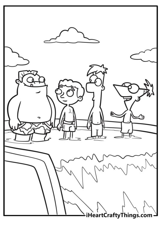 Phineas ferb and friends having fun on a summer day fun coloring sheet