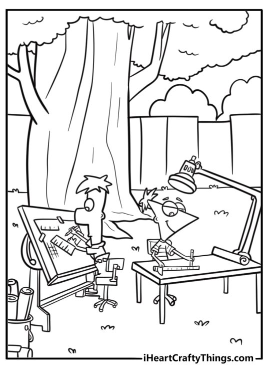 Phineas and Ferb building an invention free coloring page pdf