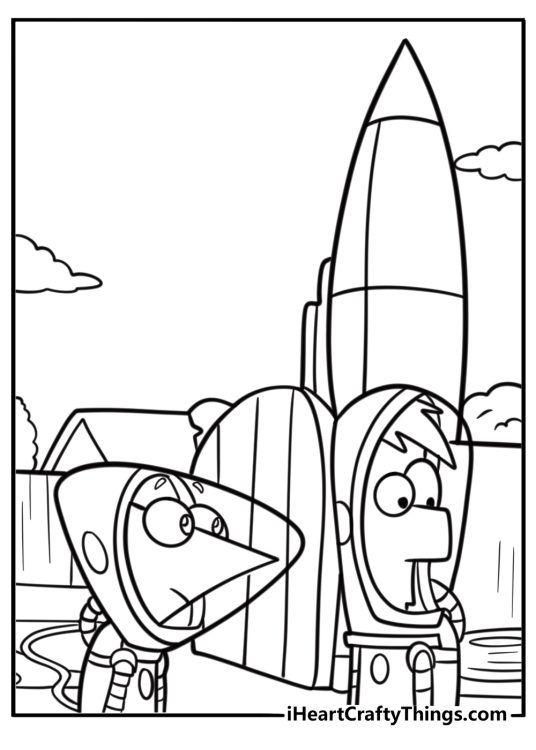Phineas and ferb flying a homemade rocket fun coloring sheet