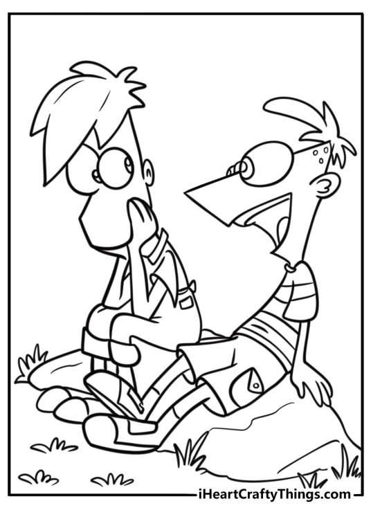 Phineas and ferb in their backyard workshop detailed coloring sheet