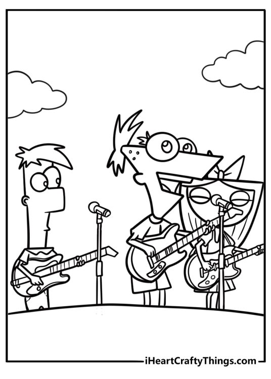 Phineas and ferb playing music with their band free coloring page pdf