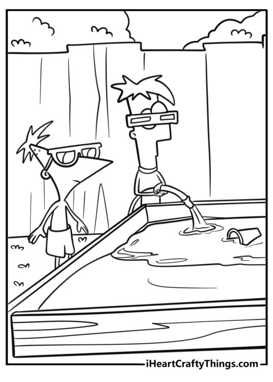 Phineas and ferb turning their backyard into a beach fun coloring sheet