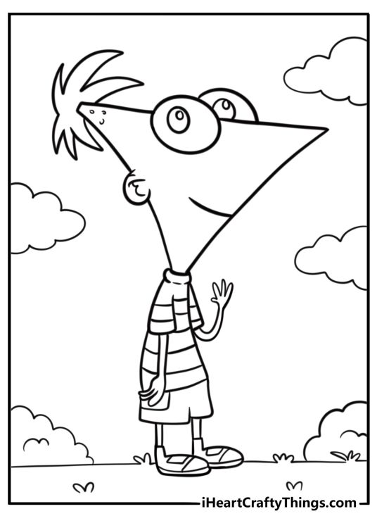 Phineas smiling and waving coloring page for kids