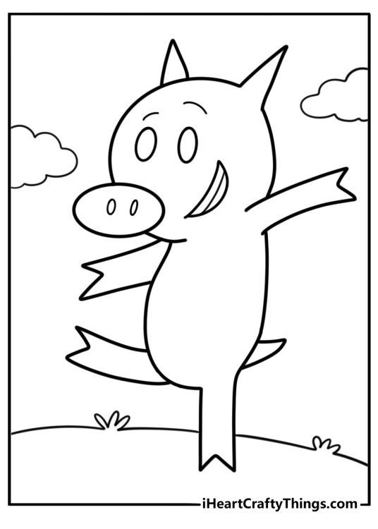 Piggie waving happily detailed coloring sheet