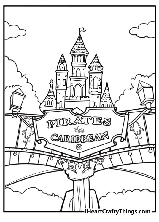 Pirates of the Caribbean ride at Disneyland detailed coloring sheet