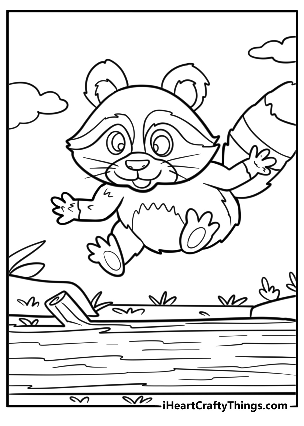 Playful raccoon jumping over a log fun coloring sheet