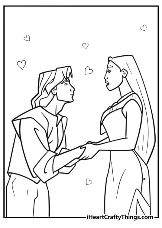 Pocahontas and john smith holding hands detailed coloring sheet