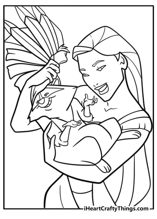 Pocahontas and meeko laughing free printable coloring page