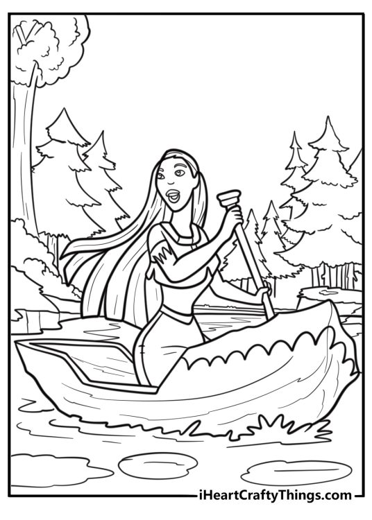 Pocahontas canoeing down the river coloring page for kids