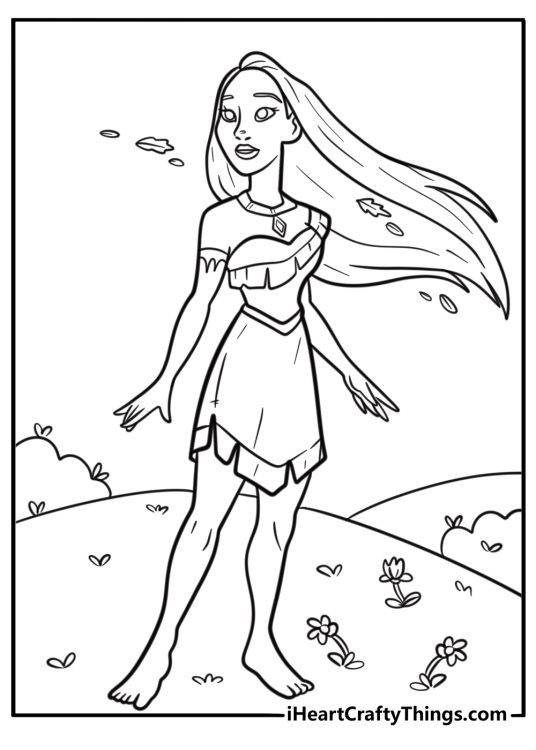 Pocahontas standing in a field of flowers free coloring page