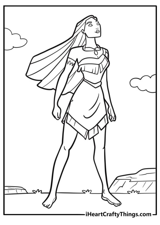 Pocahontas standing in the sunlight coloring page for kids