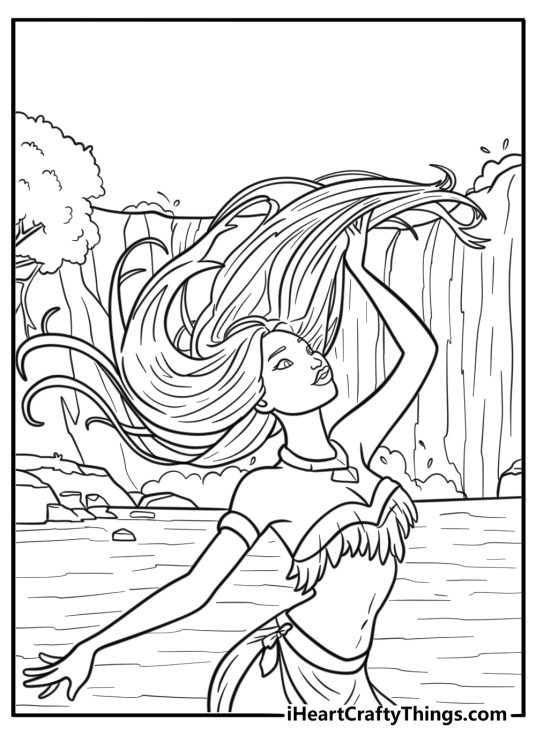 Pocahontas standing near a waterfall fun printable coloring sheet