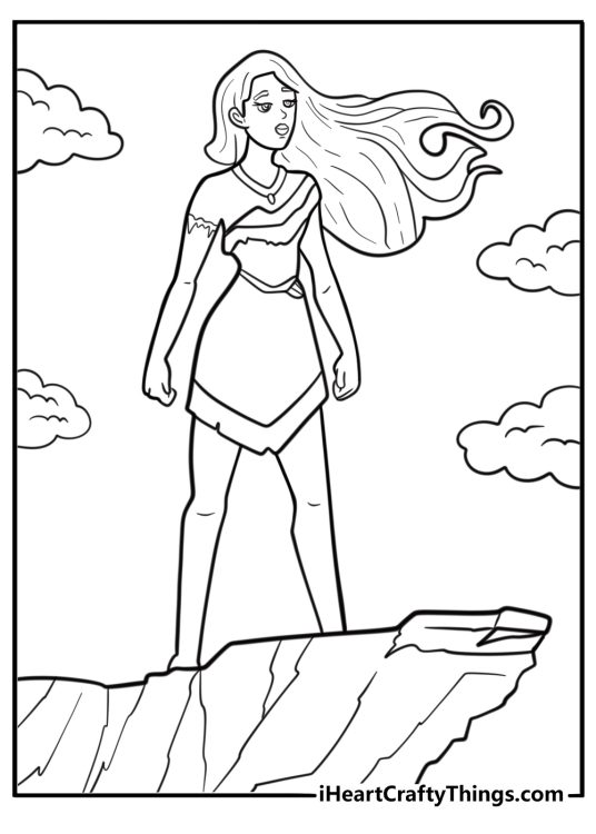 Pocahontas standing on a cliff with wind blowing free coloring page