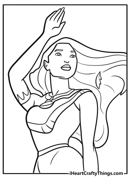 Pocahontas waving goodbye to john smith detailed coloring sheet