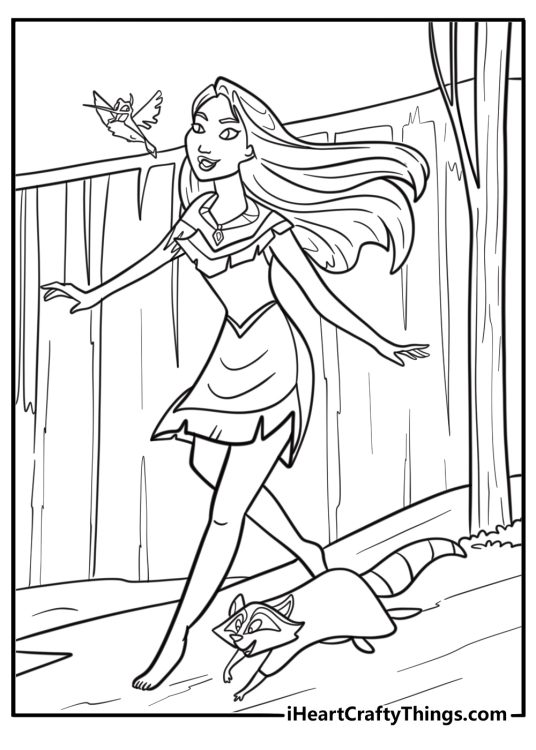 Pocahontas with her animal friends meeko and flit printable sheet