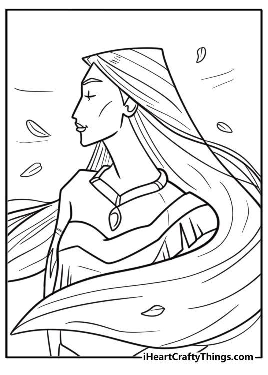 Pocahontas with long flowing hair detailed coloring sheet