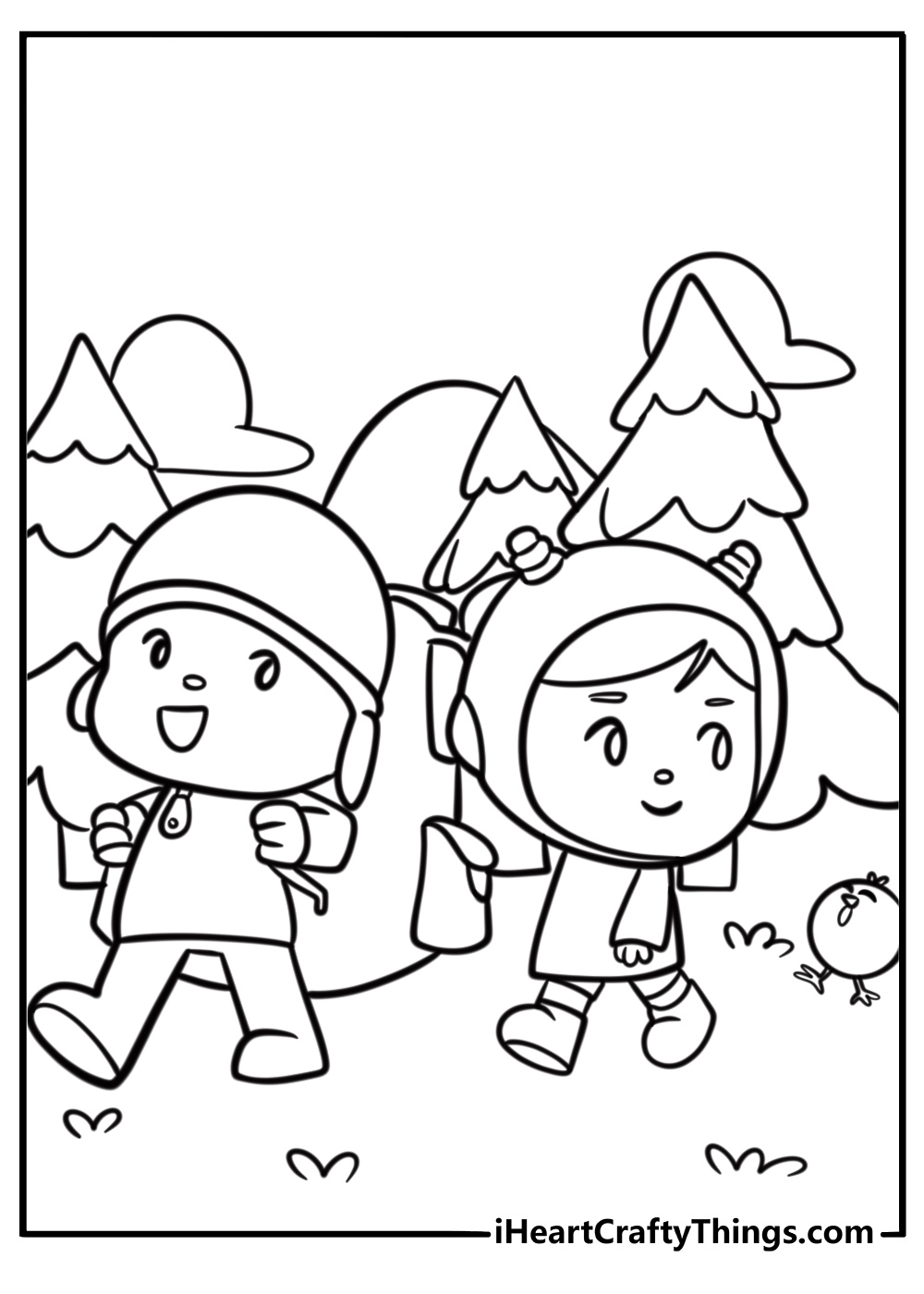 Pocoyo and his friends in a fun adventure detailed coloring sheet