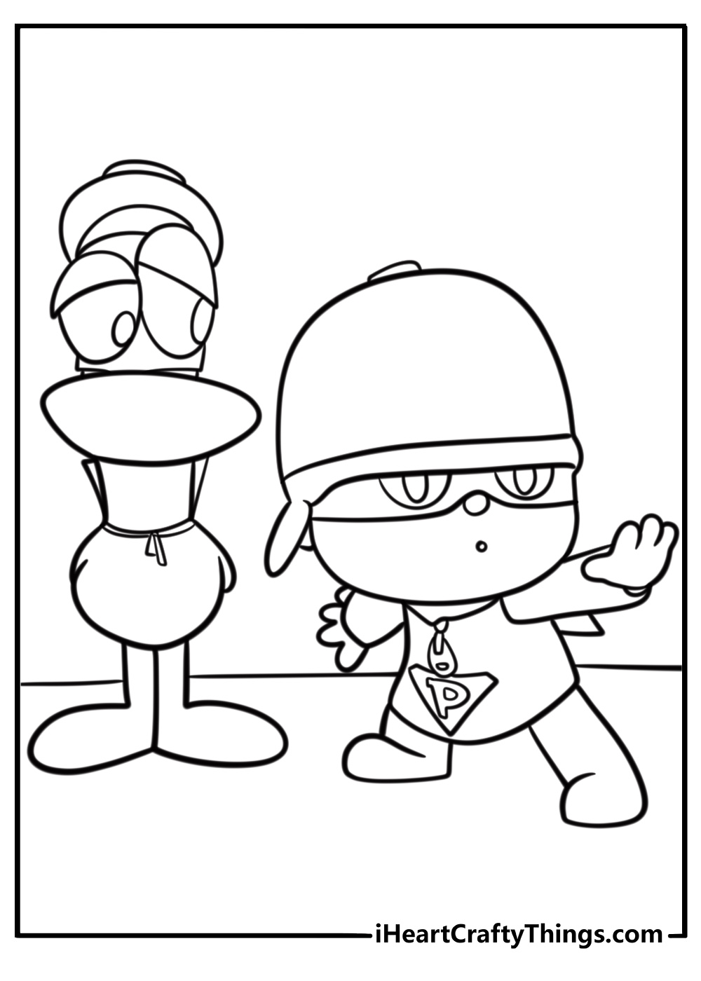 Pocoyo and Pato playing together fun coloring sheet