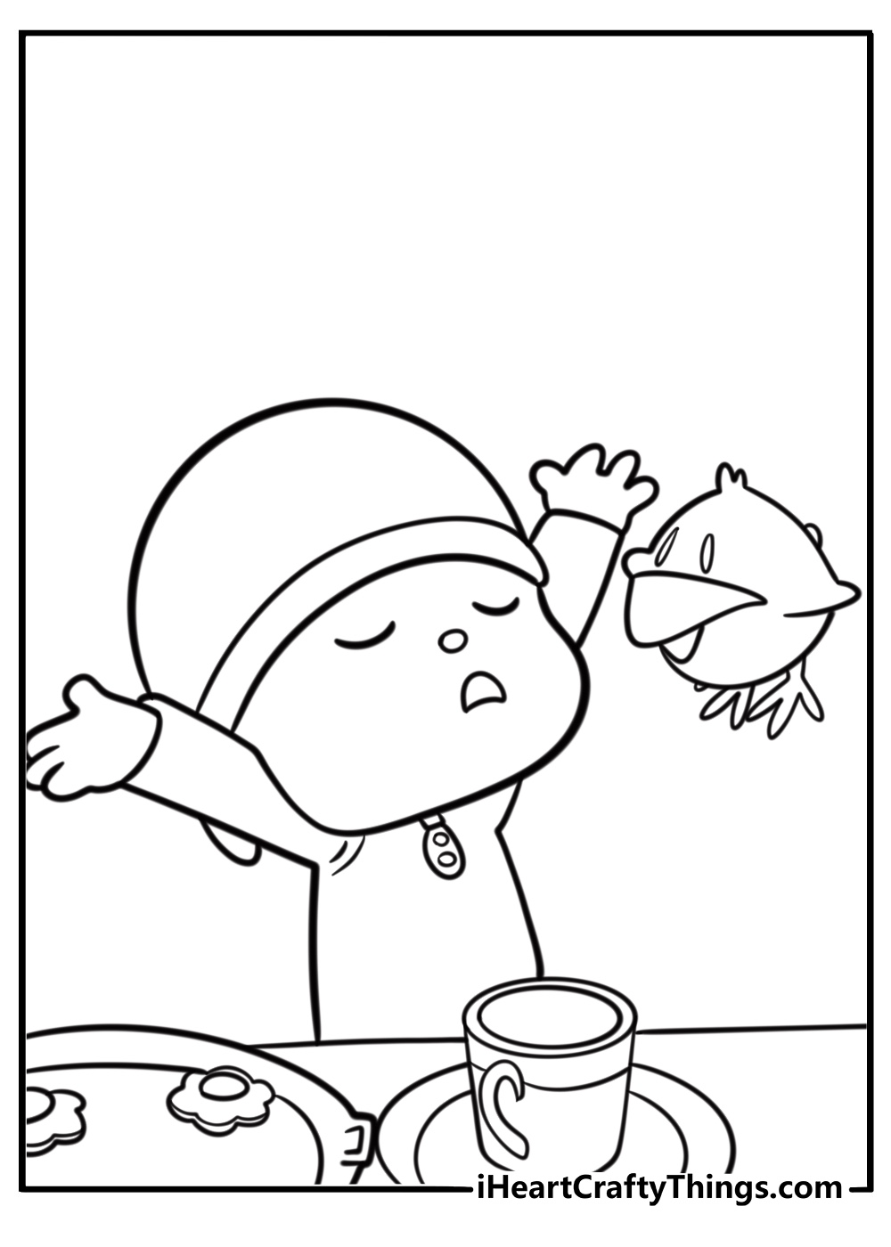 Pocoyo and sleepy bird resting together free coloring page pdf