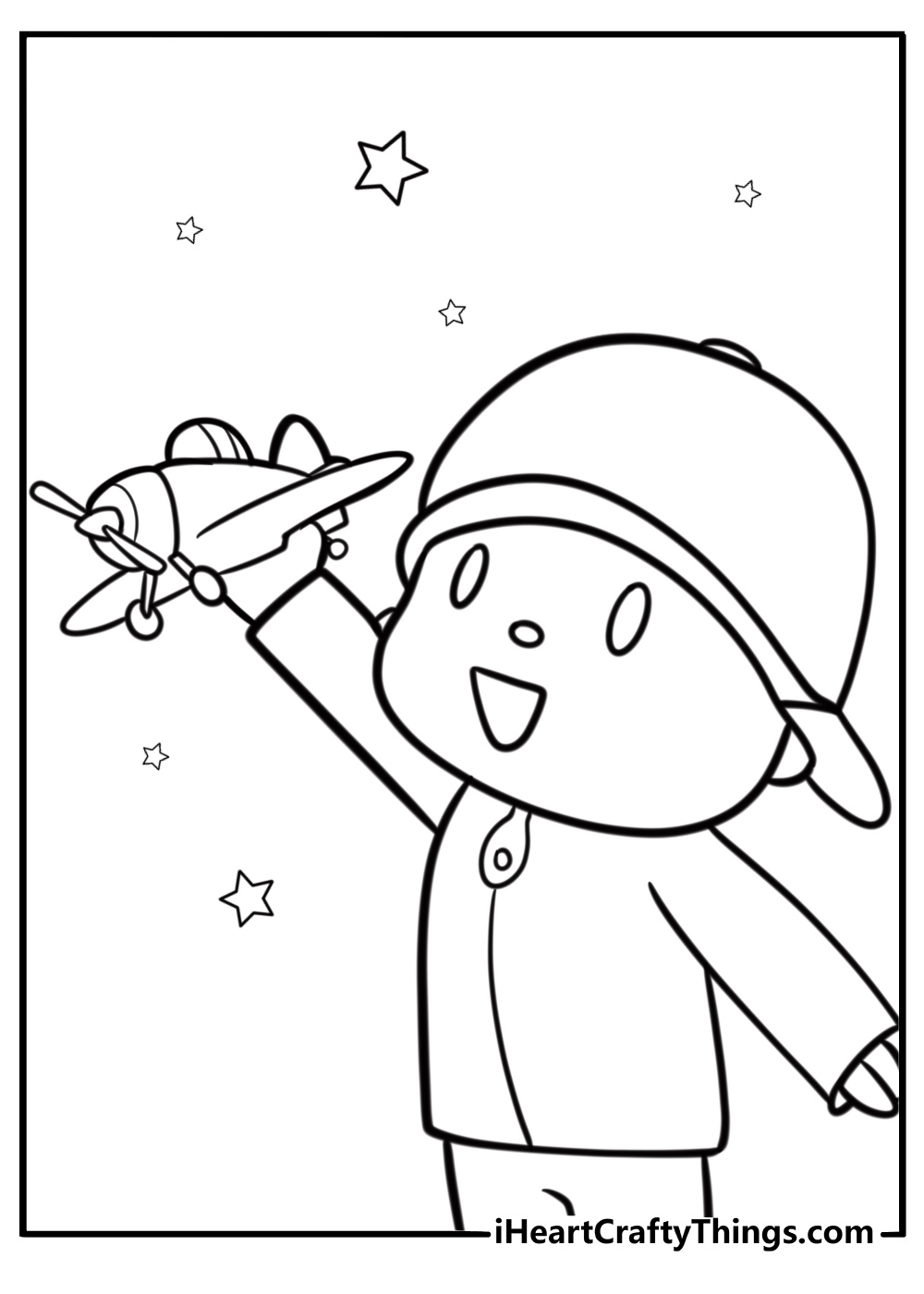 Pocoyo flying a toy airplane coloring page for kids