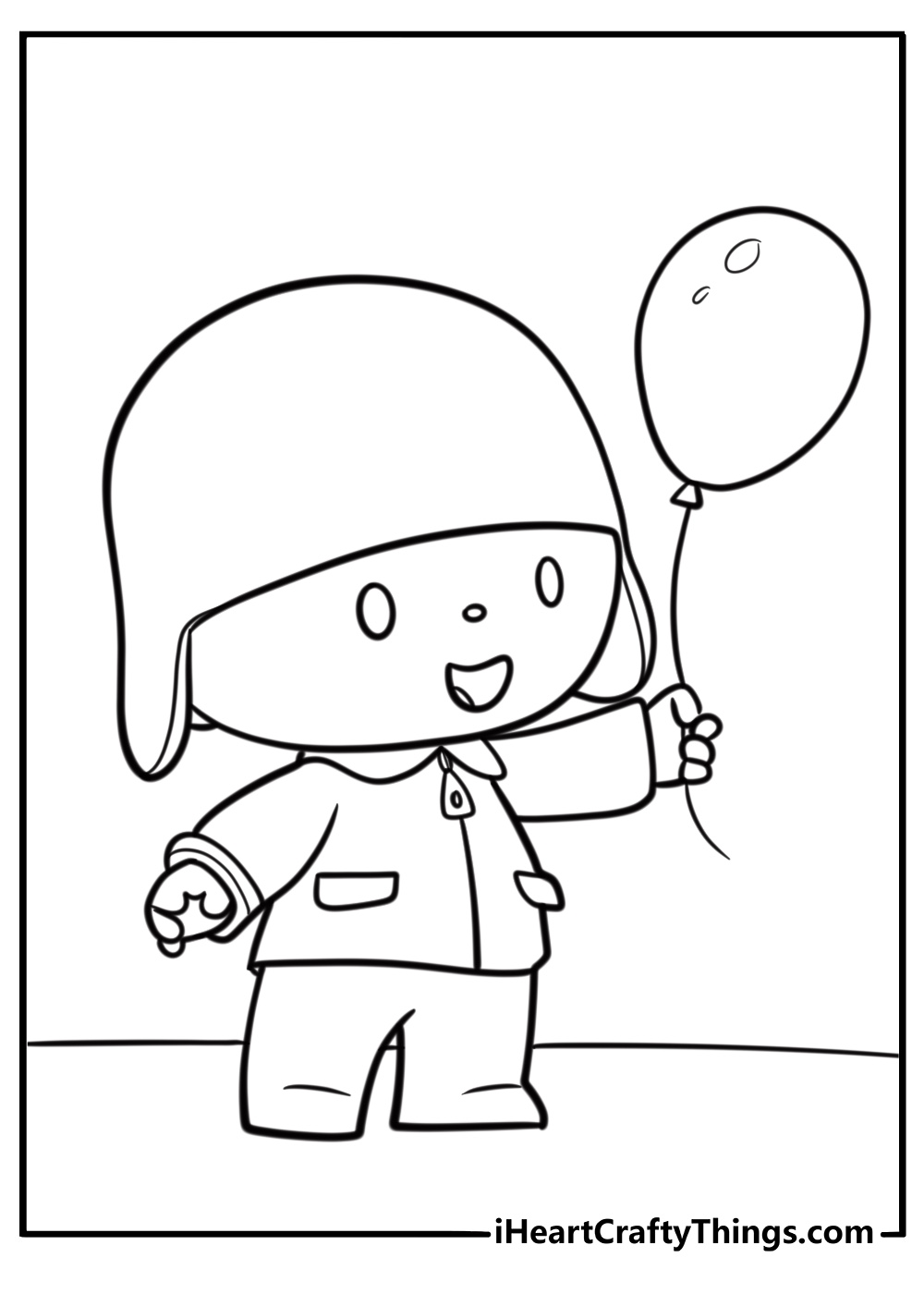 Pocoyo holding a balloon with a happy face coloring page