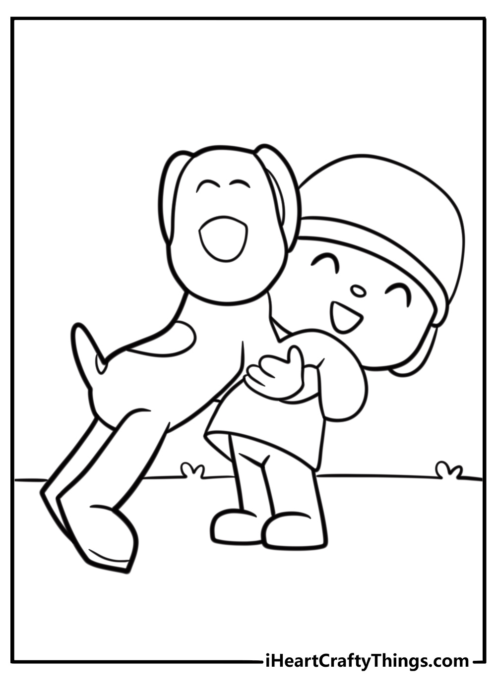 Pocoyo hugging Loula the dog fun coloring sheet for kids