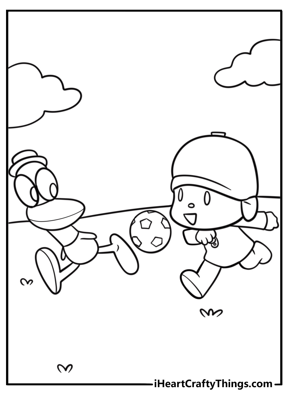 Pocoyo playing soccer with Pato coloring page