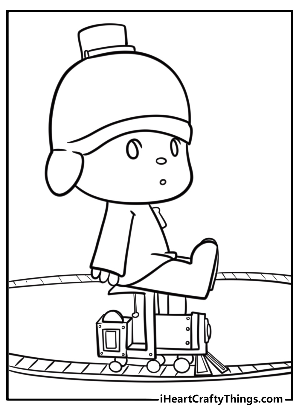 Pocoyo playing with a toy train detailed coloring sheet